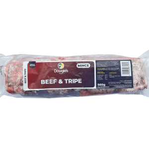 A pack of Dougies Beef and Tripe Mince containing 4 x 140g blocks